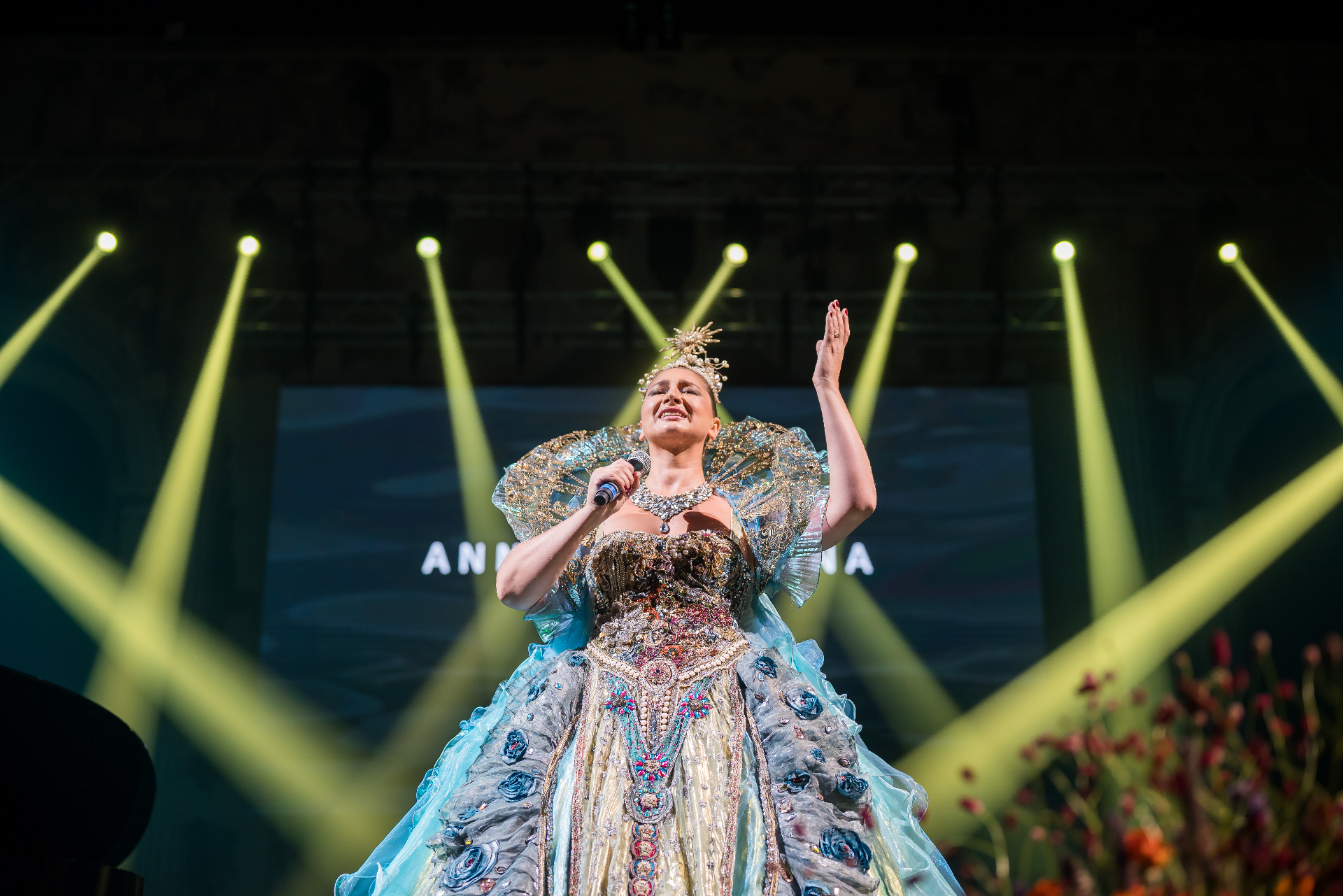 Anna Sanachina performing live at the Better World Fund Gala at Scuola Grande della Misericordia during the 80th Venice Film Festival.